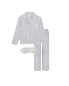 Checkered pajama set with matching eye mask on a white background
