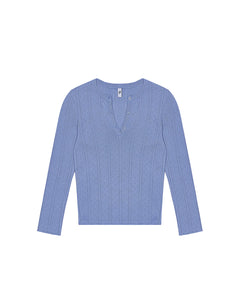 Blue ribbed long-sleeve shirt on a white background