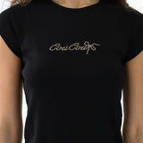 Black t-shirt with 'Coucou' text on a white background