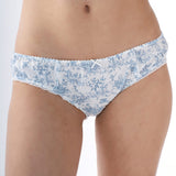 Blue floral-patterned underwear on a plain background