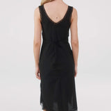 Black dress with lace details on a white background