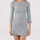 Gray dress worn by a model on a white background