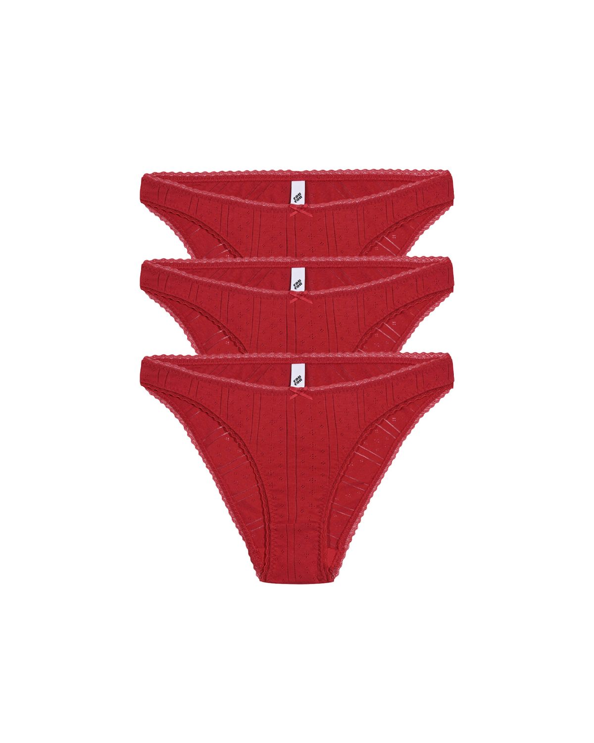 Three pairs of red underwear on a white background