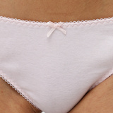 Close-up of a person wearing light pink underwear with lace trim.