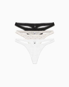The Thong: 3-Pack Black, English Rose, White Pointelle