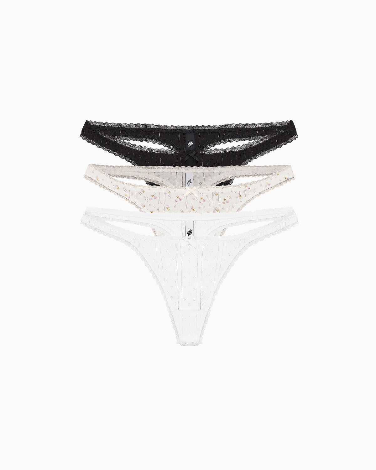 Thong 3 Pack Black English Rose White Pointelle