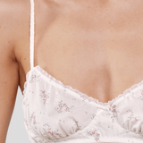 White lace bra with floral patterns on a plain background