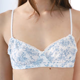 White bra with blue floral pattern worn by a person on a plain background