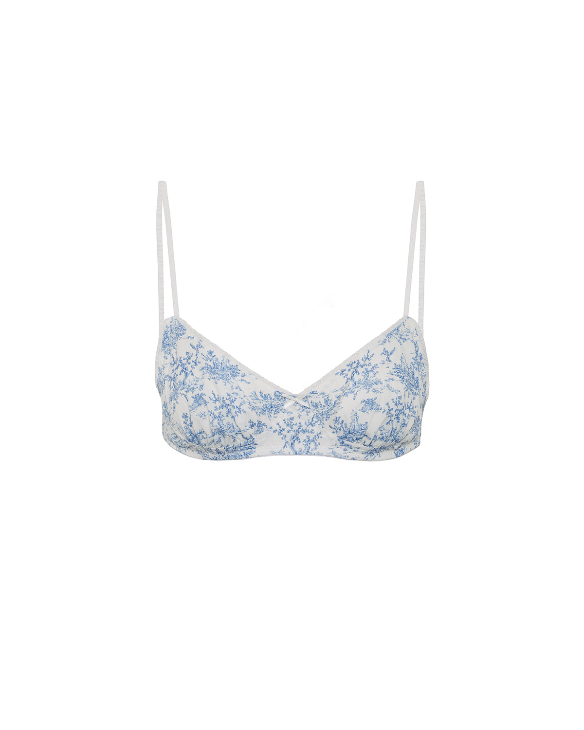 Blue and white floral bra on a white background