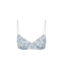 Blue and white floral bra on a white background