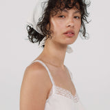 Woman wearing a white lace headscarf and a white dress against a plain background